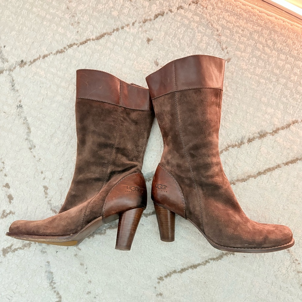 UGG Chocolate Brown Suede Leather Mid-Calf Heeled Boots Y2K Fall Boho Chic 8 - Picture 6 of 8